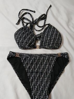 Fendi Black & Gray Logo Print Bikini Set
